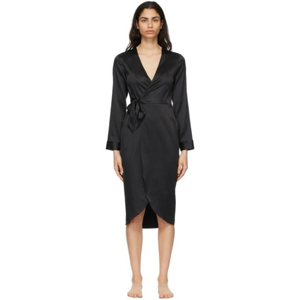 Fleur du Mal Black Washable Silk Wrap Robe Dress M Washable Silk Long Sleeve